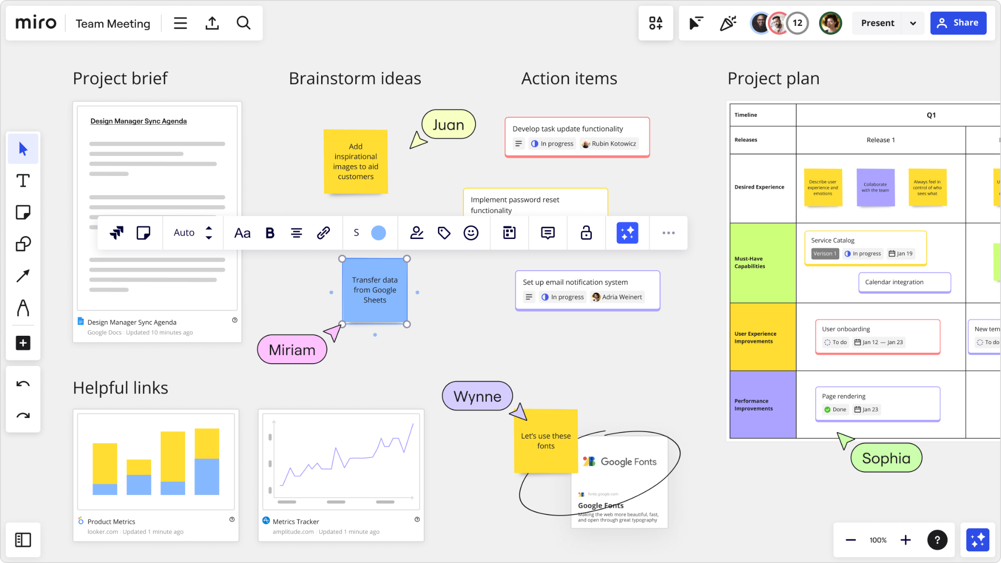 Miro project-retrospective board with notes, ideas, and action items
