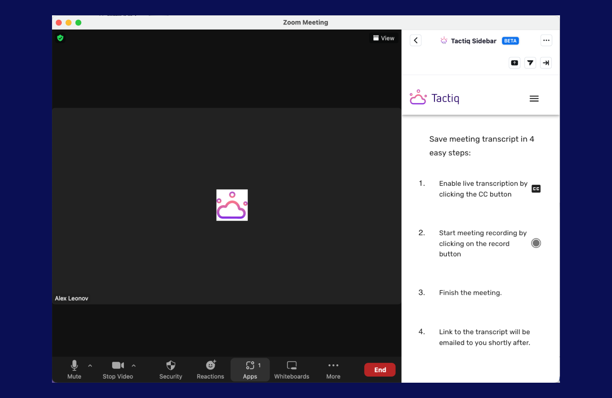 Tactiq Sidebar running inside a Zoom meeting with transcript-capture instructions